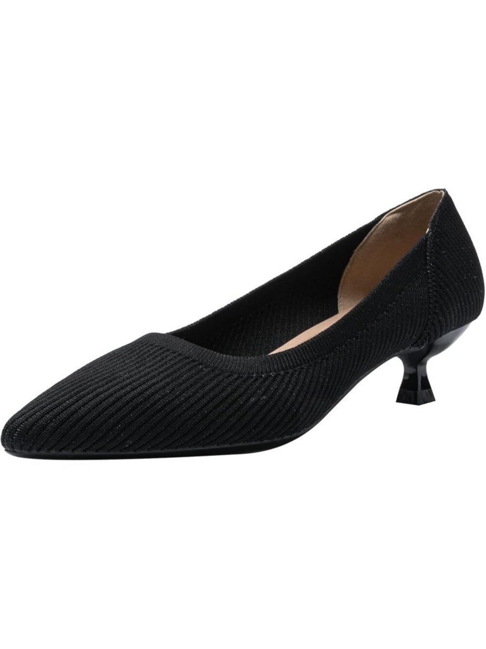 Women's Black Pointed Toe Knit Slip On Comfortable Kitten Heels Pumps Shoes